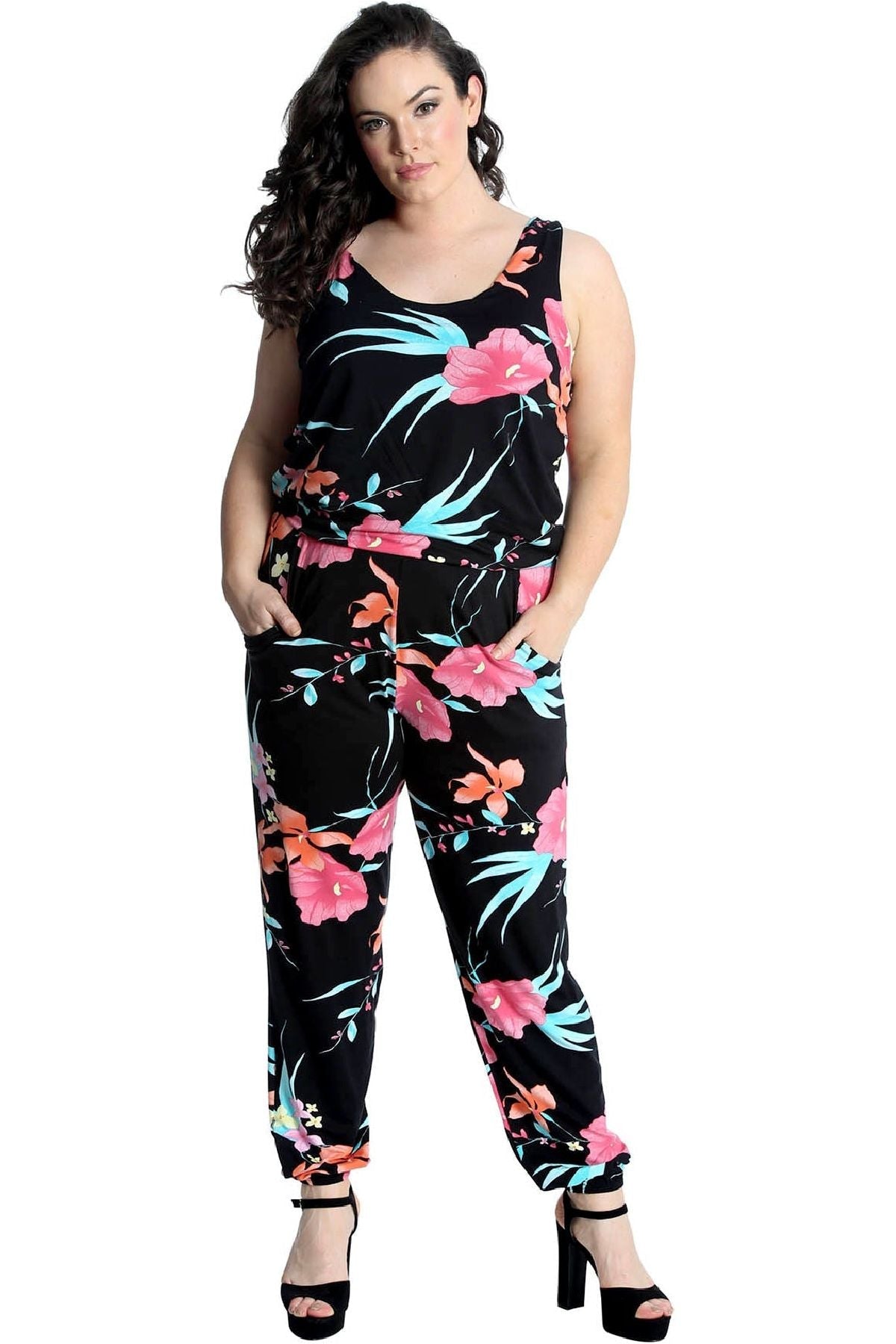 Black Plus Size Trouser Sleeveless Scoop Neck Floral Print Jumpsuit For Women 18 - Dropwear
