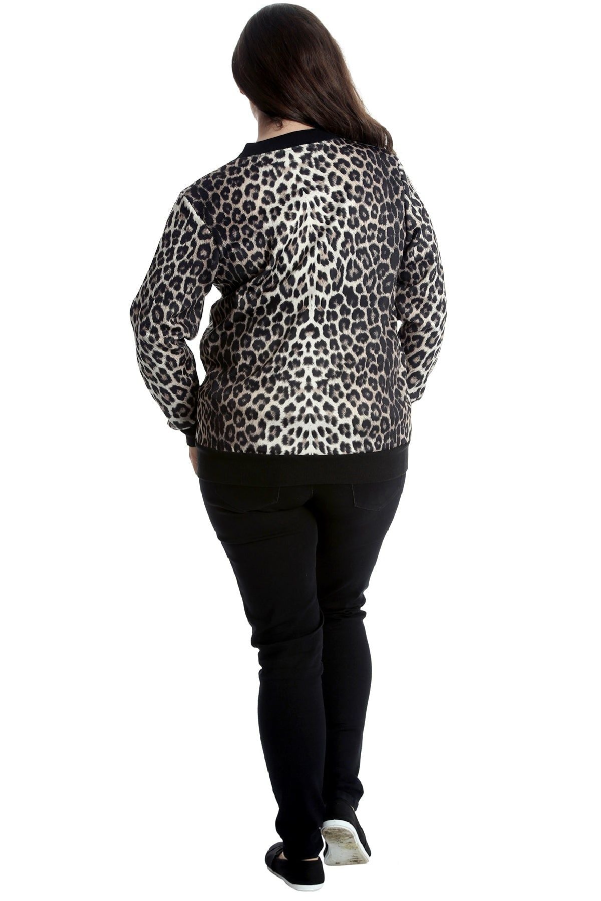 Black Plus Leopard Print Bomber Jacket For Women 22-24 - Dropwear