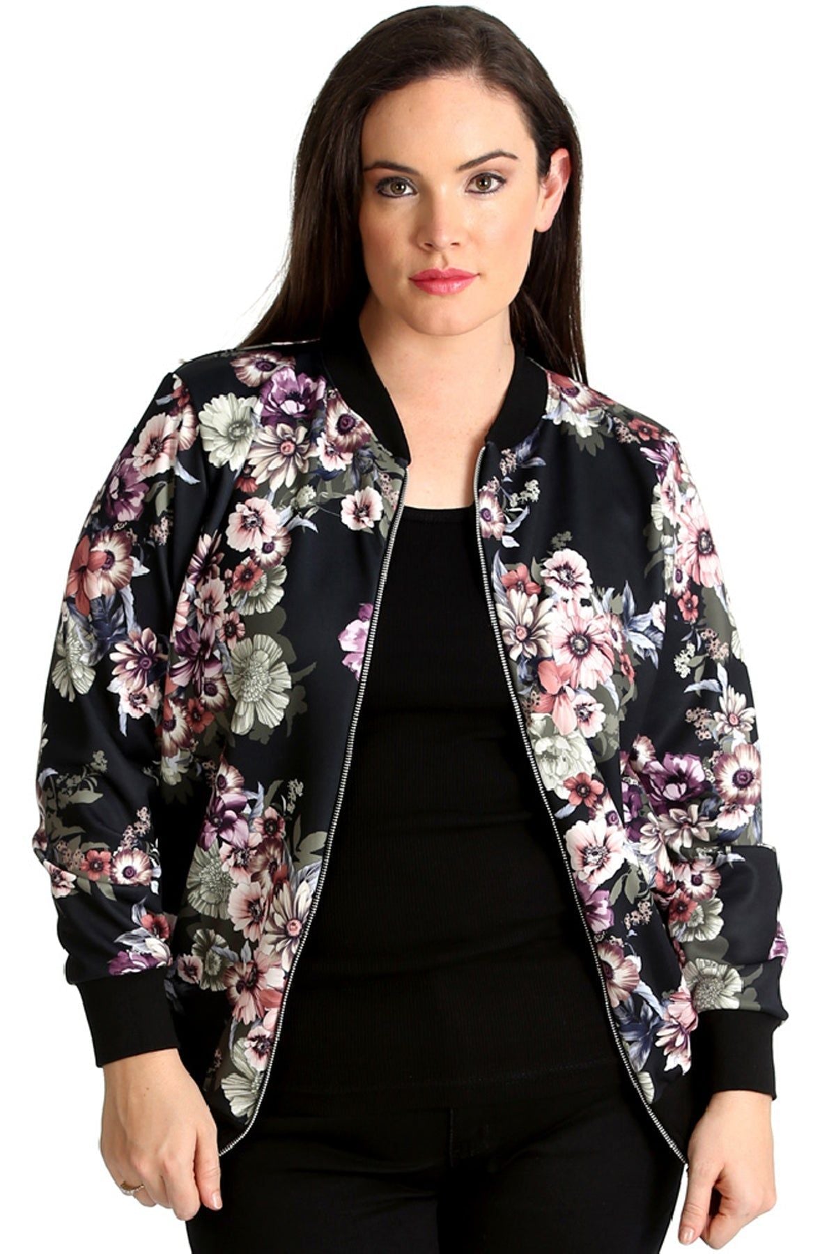 Black Floral Bomber Jacket Ladies Print Elasticated For Women 14 - Dropwear