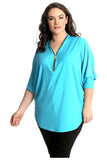 Zip Curved Hem V-Neck Batwing Sleeve Top For Women  - Dropwear