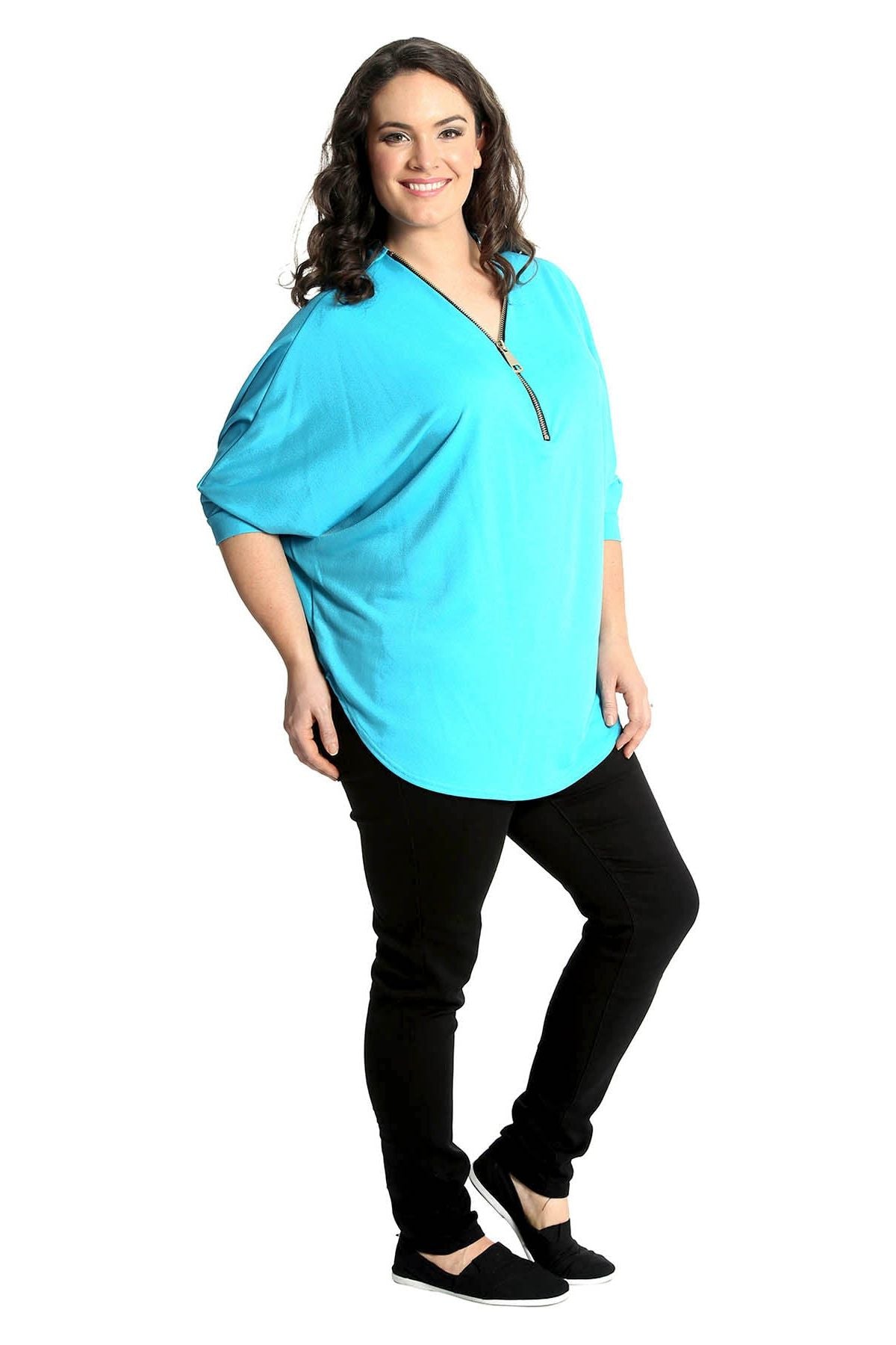 Zip Curved Hem V-Neck Batwing Sleeve Top For Women  - Dropwear