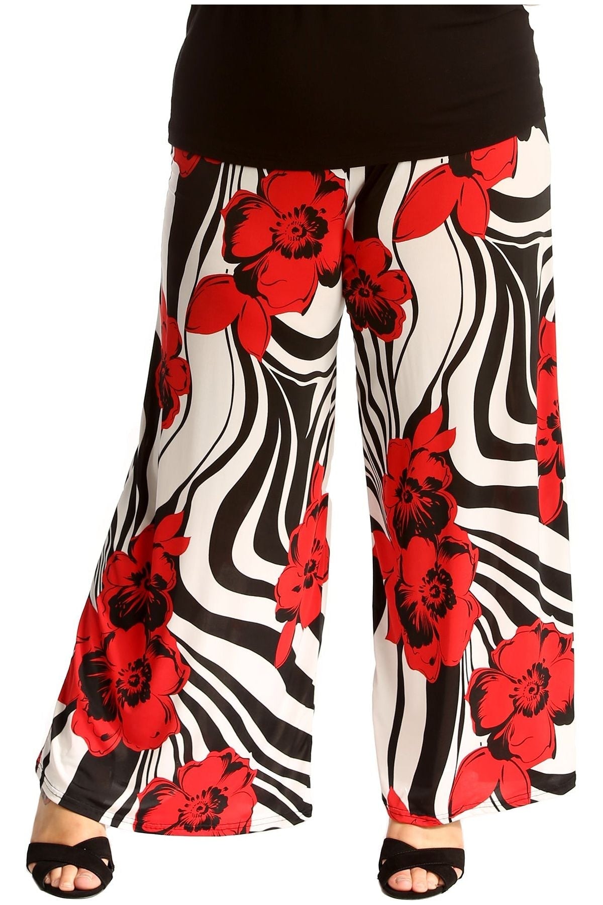 Red Plus Size Zebra Floral Print Palazzo Trouser For Women 16-18 - Dropwear