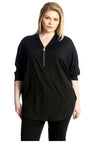 Zip Curved Hem V-Neck Batwing Sleeve Top For Women  - Dropwear