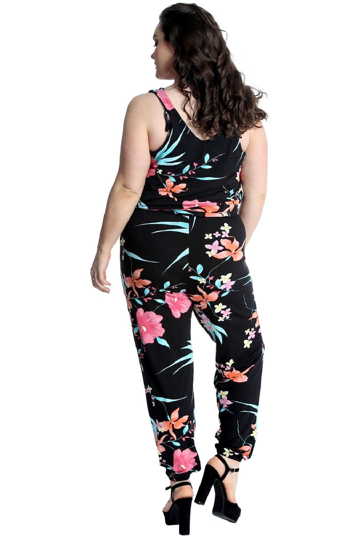 Black Plus Size Trouser Sleeveless Scoop Neck Floral Print Jumpsuit For Women 22-24 - Dropwear