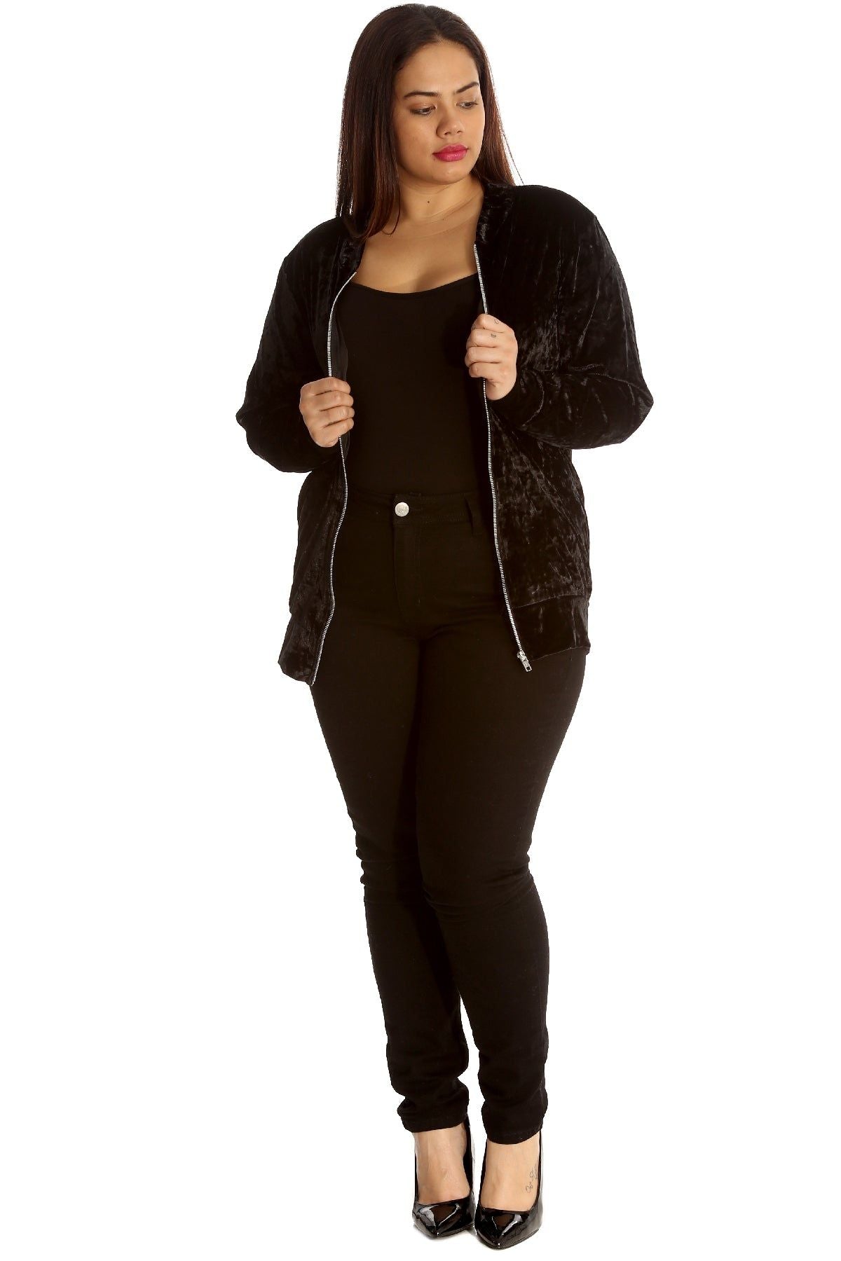 Black Long Sleeve Velour Velvet Bomber Jacket For Women 22-24 - Dropwear