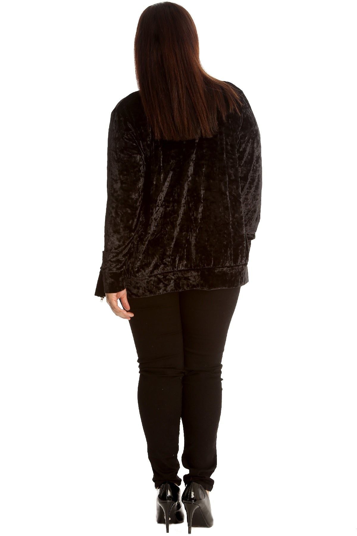 Black Long Sleeve Velour Velvet Bomber Jacket For Women 26-28 - Dropwear